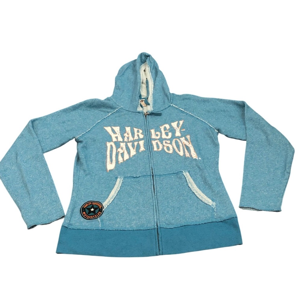 Harley Davidson Zip Up Hoodie Womens L Blue Distressed Graphic Raw Hem Raglan